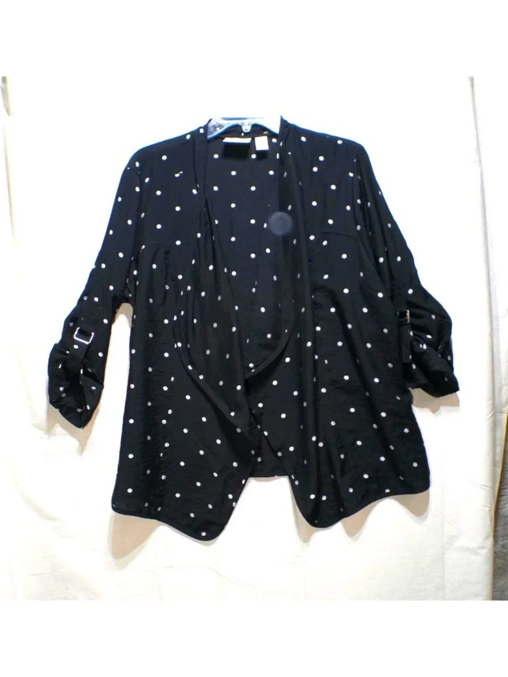 Chico's Blouse Top Black White Dot Adjustable Sleeve Size 2/Large 12
